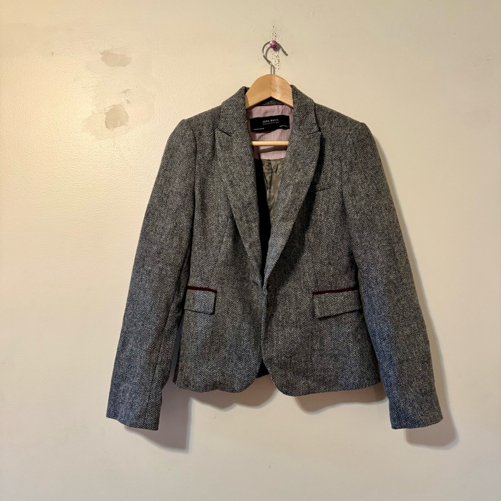 Zara Basic Houndstooth Blazer Jacket Gray Purple … - image 1